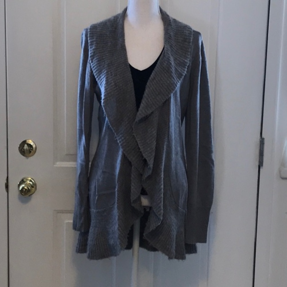 WHBM gray cardigan with ruffled bottom